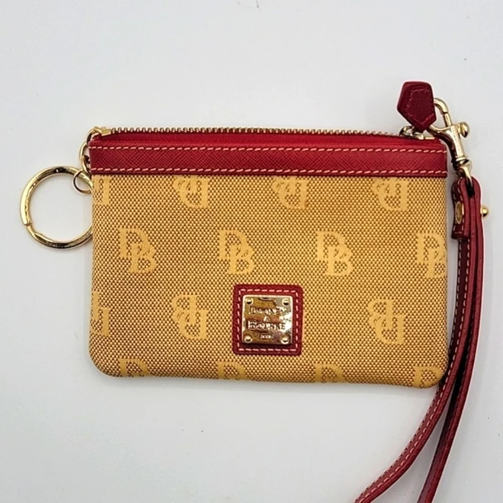 DOONEY & BOURKE Wristlet Tan Canvas DB Logo Red Leather Key Chain inside